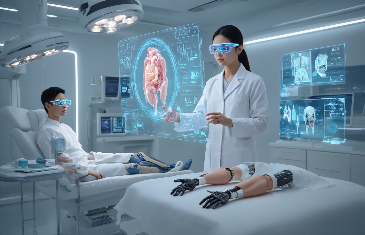 Create a realistic image of a futuristic medical facility where an Asian female doctor wearing a white lab coat is using advanced holographic technology to examine a patient, with floating 3D anatomical displays showing detailed organ structures, robotic surgical arms positioned nearby, sleek medical devices with glowing blue interfaces, bionic prosthetic limbs displayed on a counter, and a white male patient with augmented reality contact lenses sitting on an examination table, all set in a clean, modern room with soft LED lighting and a minimalist background featuring advanced medical equipment, absolutely NO text should be in the scene.