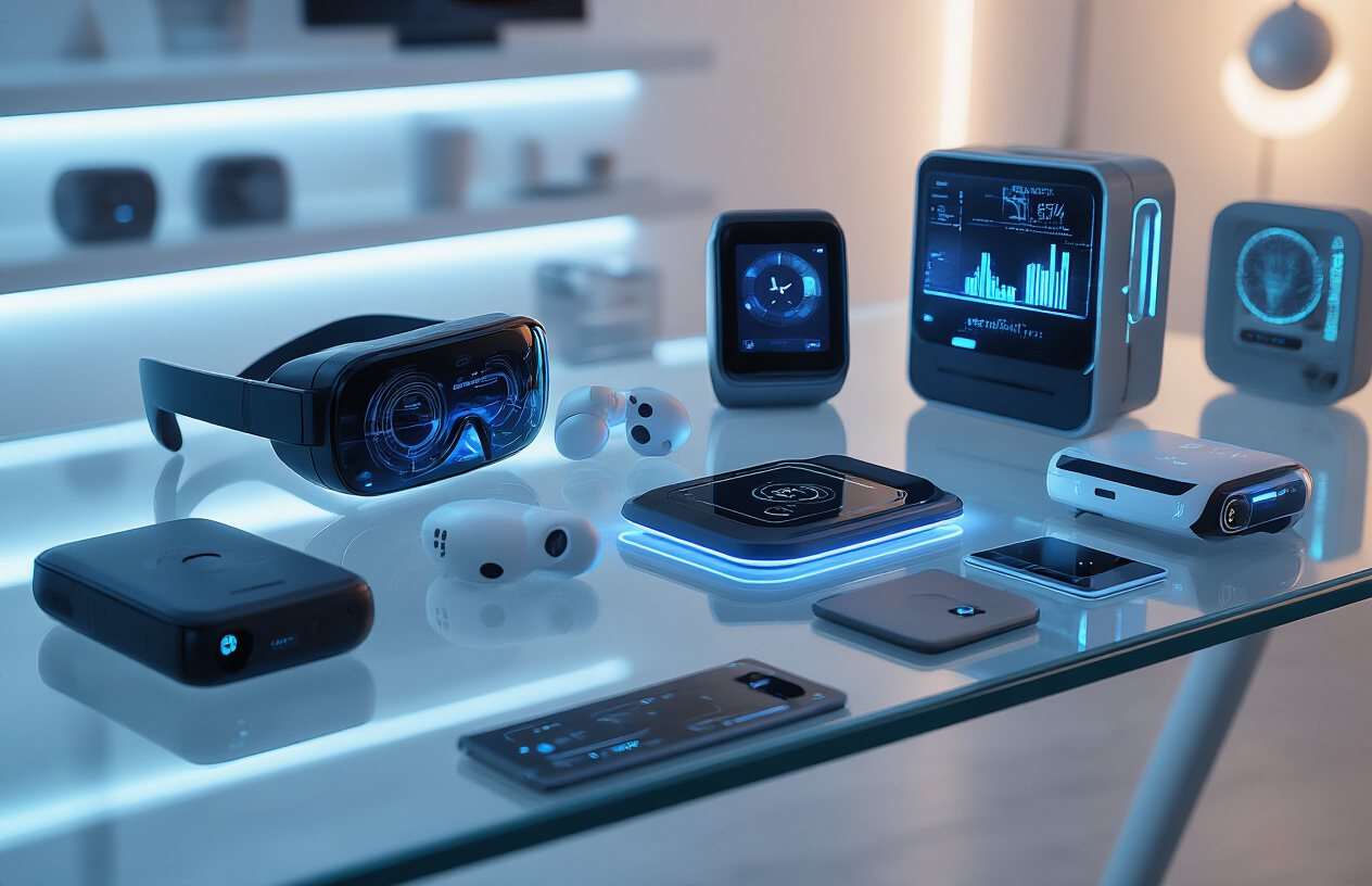 Create a realistic image of a sleek modern workspace displaying an array of futuristic gadgets arranged on a glass desk, including smart glasses, a holographic display projector, wireless earbuds, a smartwatch, a compact drone, and various high-tech devices with glowing LED accents, set against a minimalist background with soft ambient lighting creating a sophisticated tech atmosphere, shot from a slightly elevated angle to showcase all the gadgets clearly, with cool blue and white lighting emphasizing the advanced technology theme, absolutely NO text should be in the scene.