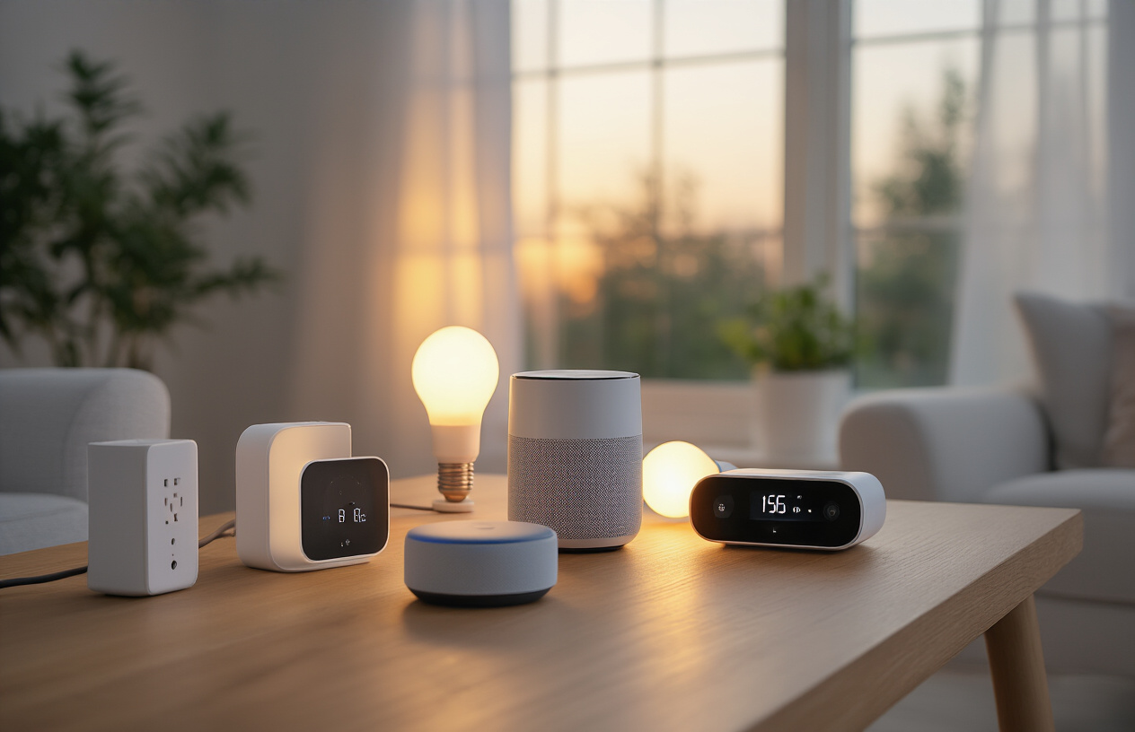 Create a realistic image of various affordable smart home devices arranged on a modern wooden table including a smart speaker, smart light bulbs, a smart plug, a wireless security camera, and a smart thermostat, with warm ambient lighting from a nearby window creating soft shadows, clean minimalist home interior background with white walls, devices displaying subtle LED indicators to show they're active, creating a cozy and tech-savvy atmosphere that emphasizes accessibility and value, absolutely NO text should be in the scene.