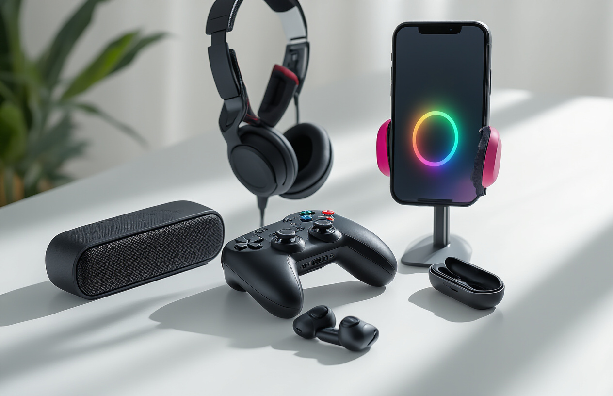 Create a realistic image of gaming and entertainment accessories arranged on a clean white desk surface, featuring a wireless gaming controller, gaming headset, smartphone with gaming grips attached, portable Bluetooth speaker, and wireless earbuds in their charging case, with soft natural lighting from the side creating subtle shadows, modern tech aesthetic with sleek black and colorful accents on the devices, absolutely NO text should be in the scene.