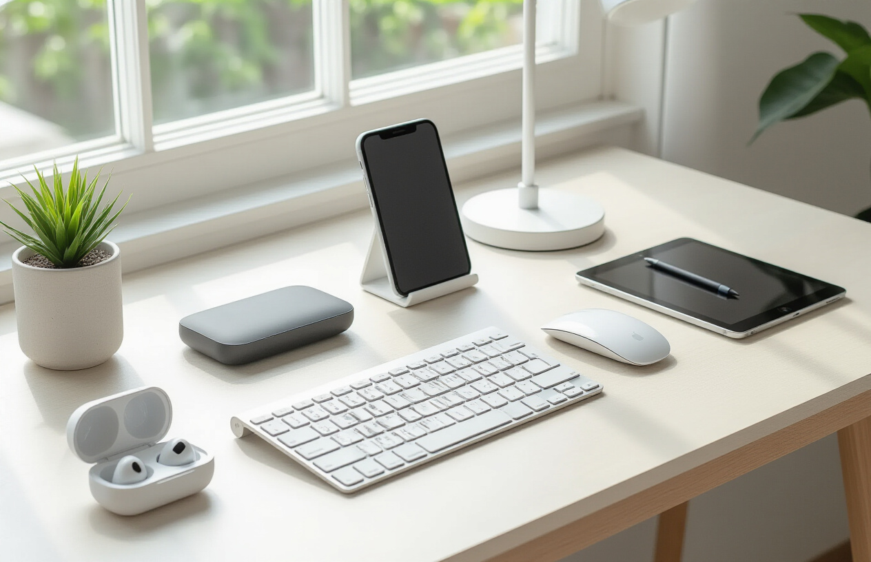 Create a realistic image of a modern workspace desk featuring affordable tech gadgets that boost productivity, including a wireless keyboard, computer mouse, smartphone stand, tablet with stylus, portable charger, wireless earbuds in their case, and a small desk lamp, arranged neatly on a clean white or light wooden desk surface with a laptop partially visible, soft natural lighting from a window creating a bright and organized atmosphere, shot from a slightly elevated angle to showcase all the tech accessories clearly, absolutely NO text should be in the scene.