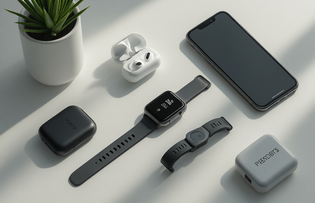 Create a realistic image of affordable mobile and wearable tech devices arranged on a clean white surface including a smartphone, smartwatch, wireless earbuds in their charging case, fitness tracker, and portable phone charger, with soft natural lighting from above creating gentle shadows, shot from a slightly elevated angle to showcase all devices clearly, with a modern minimalist background. Absolutely NO text should be in the scene.