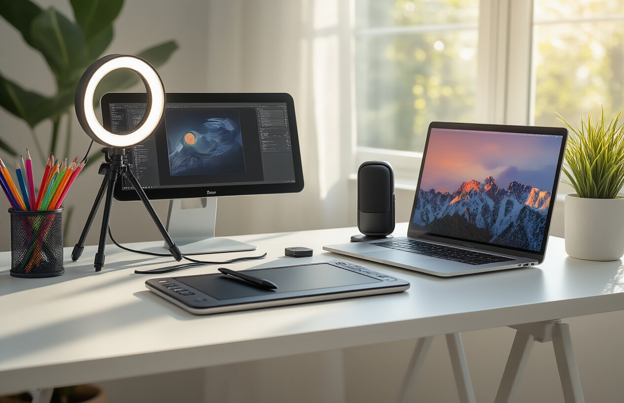 Create a realistic image of a modern desk setup featuring affordable creative tools including a digital drawing tablet with stylus, ring light, smartphone with tripod mount, wireless microphone, portable laptop stand, and colorful cable organizers arranged on a clean white desk surface, with soft natural lighting from a nearby window creating gentle shadows, warm and inspiring atmosphere perfect for content creation work, shot from a slightly elevated angle to showcase all the tech accessories clearly, Absolutely NO text should be in the scene.