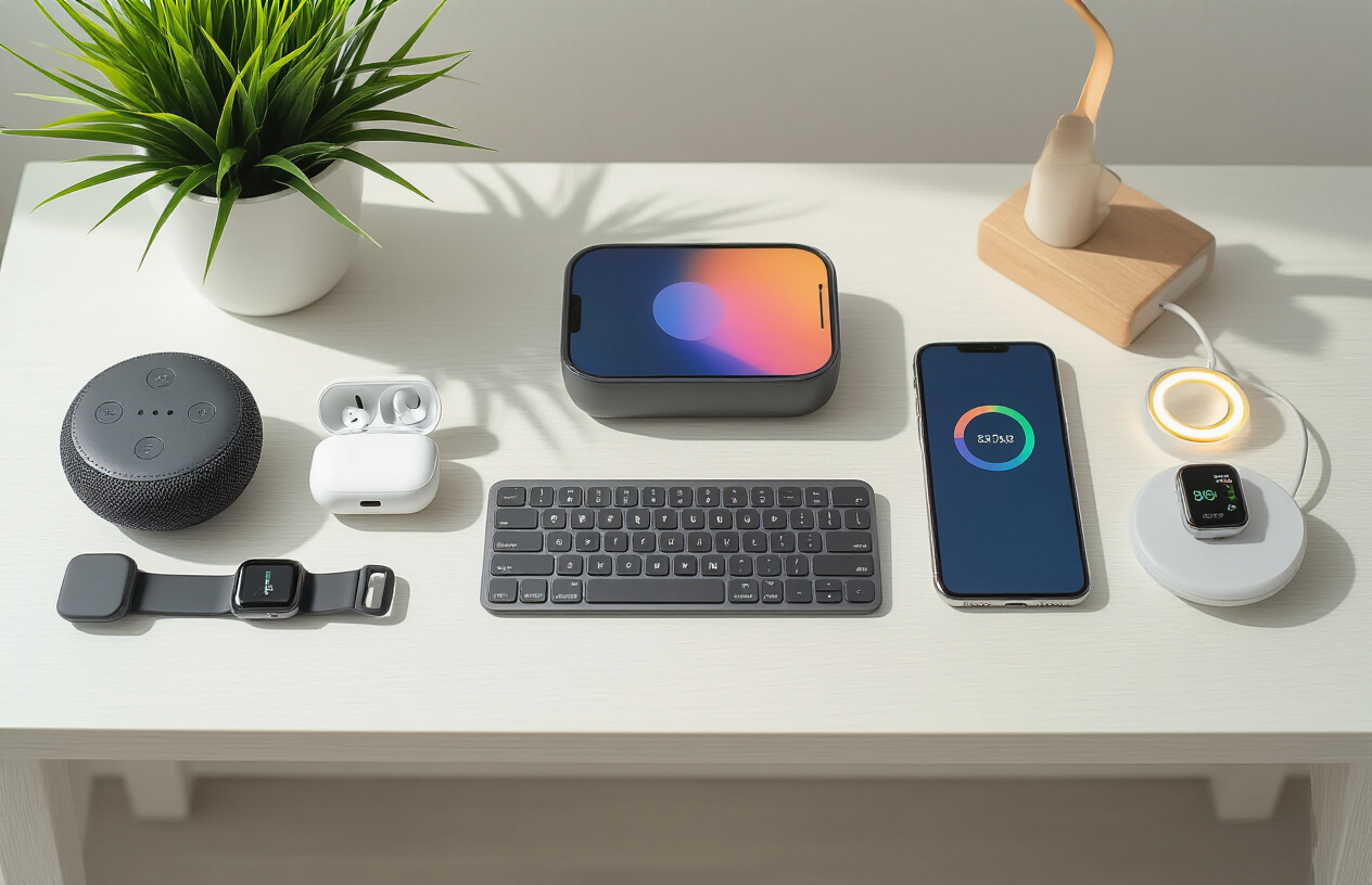 Create a realistic image of a well-organized flat lay arrangement of various affordable tech gadgets on a clean white wooden desk surface, featuring a smart speaker, wireless earbuds in their charging case, a smartphone with colorful case, a wireless charging pad, a compact Bluetooth keyboard, a fitness tracker, a portable phone stand, and a small LED ring light, all positioned in an aesthetically pleasing grid pattern with soft natural lighting from above creating gentle shadows, warm and inviting atmosphere suggesting value and accessibility, absolutely NO text should be in the scene.