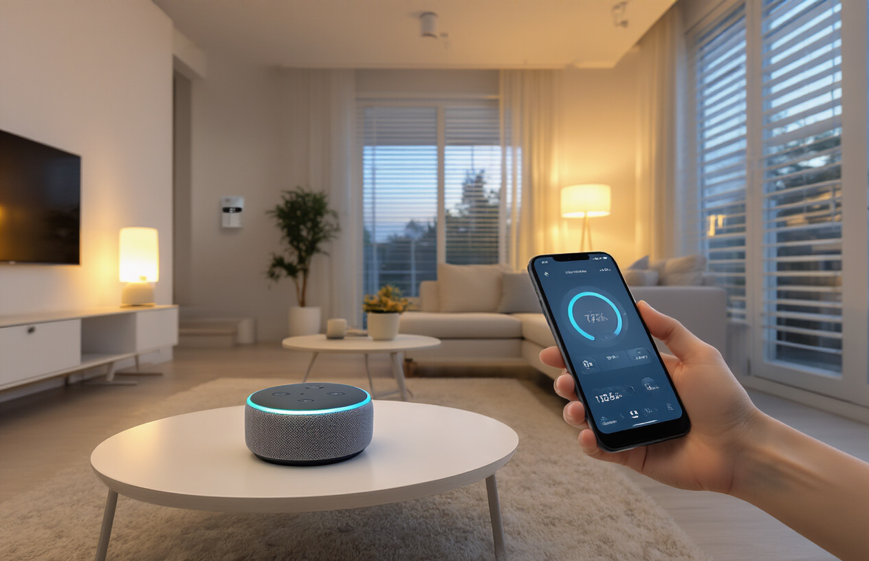 Create a realistic image of a modern living room showcasing various smart home automation devices including a voice assistant smart speaker on a coffee table, smart light bulbs providing warm ambient lighting, a smart thermostat mounted on the wall, automated window blinds, and a smartphone displaying a home automation app interface being held by someone's hand, with sleek contemporary furniture, clean minimalist decor, soft evening lighting creating a cozy atmosphere, and a tech-forward aesthetic that demonstrates how these devices seamlessly integrate into daily living, absolutely NO text should be in the scene.