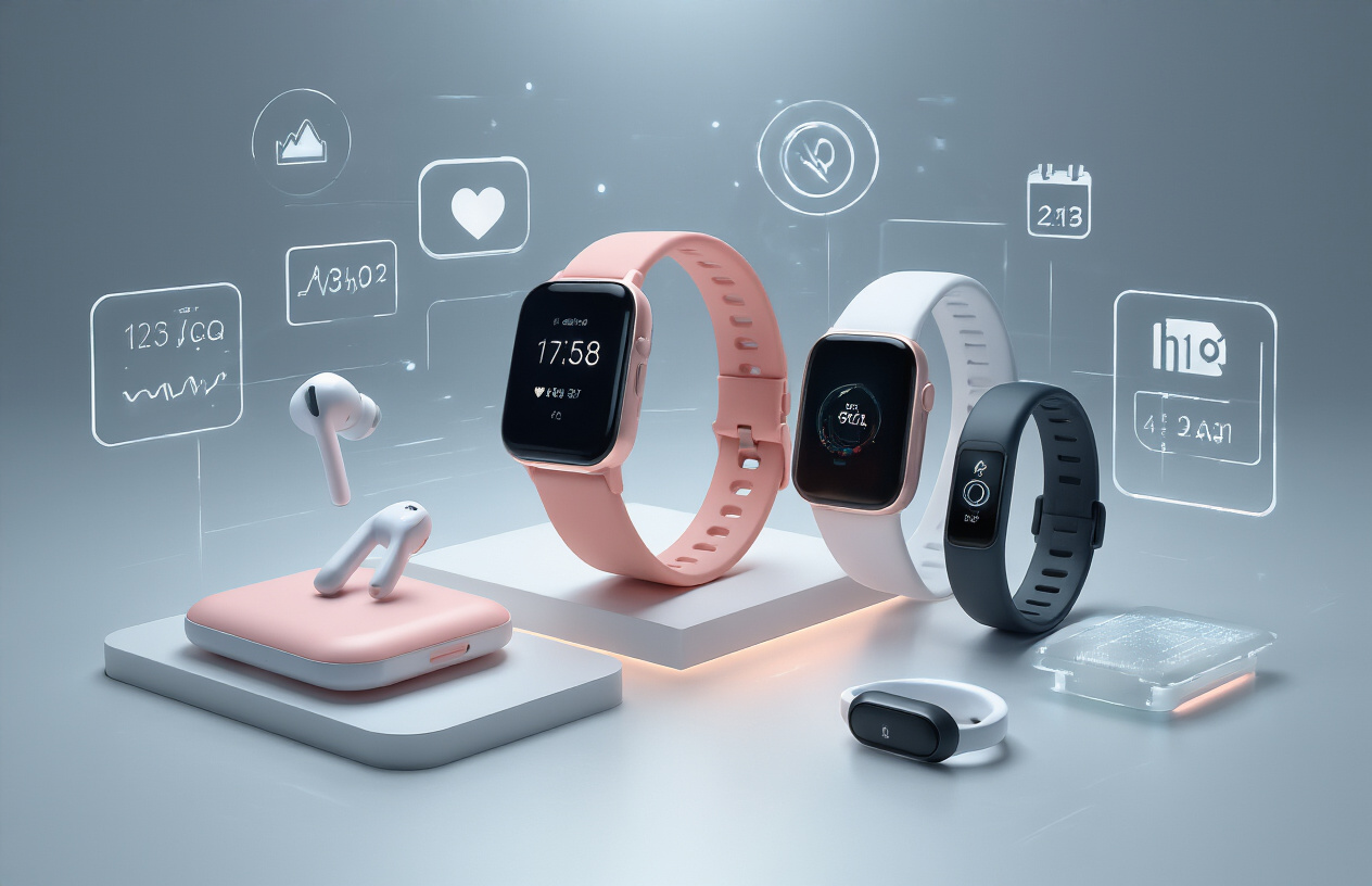 Create a realistic image of modern wearable technology devices including a sleek smartwatch, wireless earbuds, fitness tracker, and smart ring arranged on a clean white surface, with soft diffused lighting from above creating subtle shadows, complemented by small health-related icons like heart rate symbols and productivity elements like calendar notifications subtly integrated into the scene through holographic-style projections, maintaining a futuristic yet professional atmosphere with a gradient background transitioning from white to light blue, absolutely NO text should be in the scene.