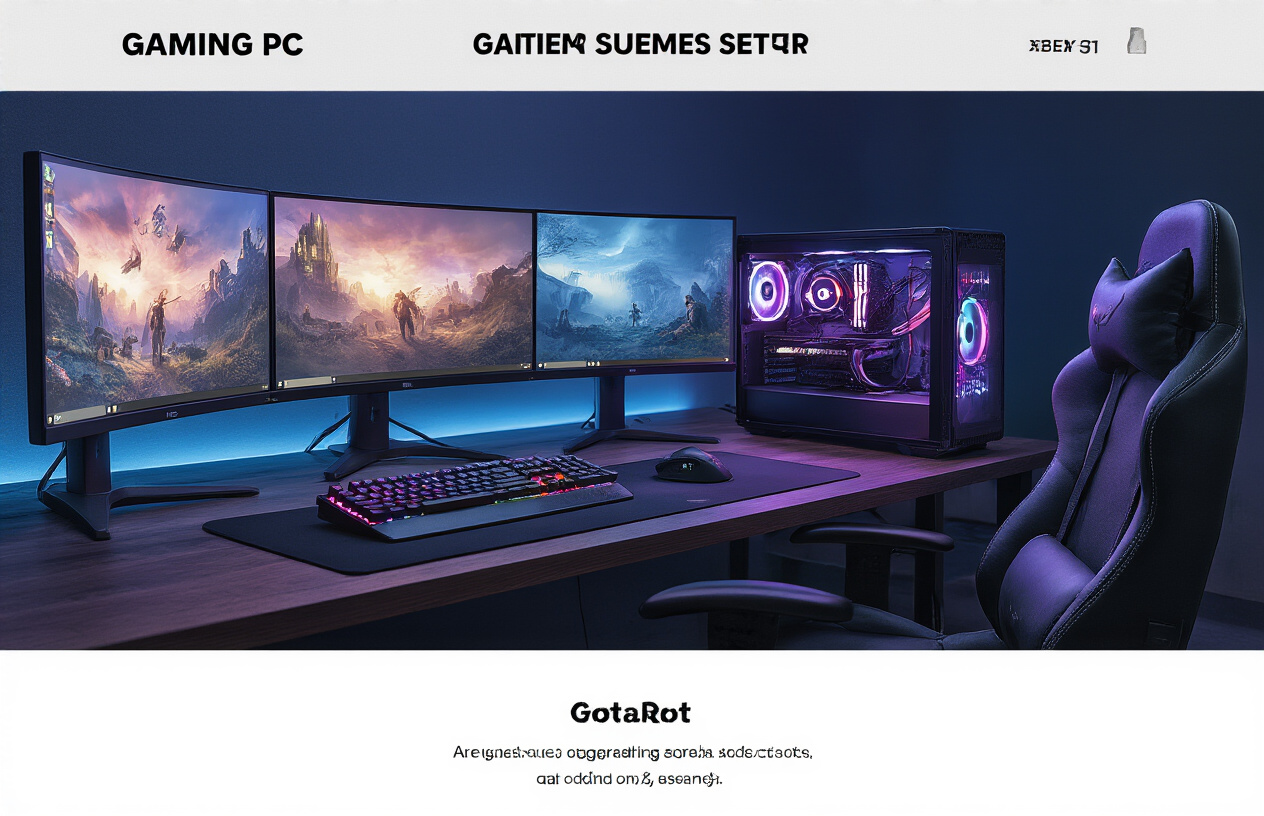 Create a realistic image of a modern gaming setup featuring a high-end gaming PC with RGB lighting, mechanical keyboard, gaming mouse, multiple curved monitors displaying vibrant game graphics, a powerful graphics card visible through a glass side panel, gaming headset, and sleek gaming chair, all arranged on a dark wooden desk in a dimly lit room with ambient LED lighting creating a futuristic atmosphere, absolutely NO text should be in the scene.