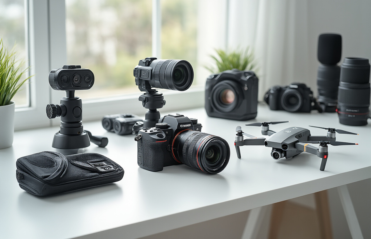 Create a realistic image of cutting-edge camera and photography equipment arranged on a modern white desk, featuring a high-end mirrorless camera with interchangeable lenses, a professional gimbal stabilizer, LED ring lights, wireless microphones, and a compact drone, all displayed in an organized layout with soft natural lighting from a window, creating a clean and professional photography workspace atmosphere, absolutely NO text should be in the scene.