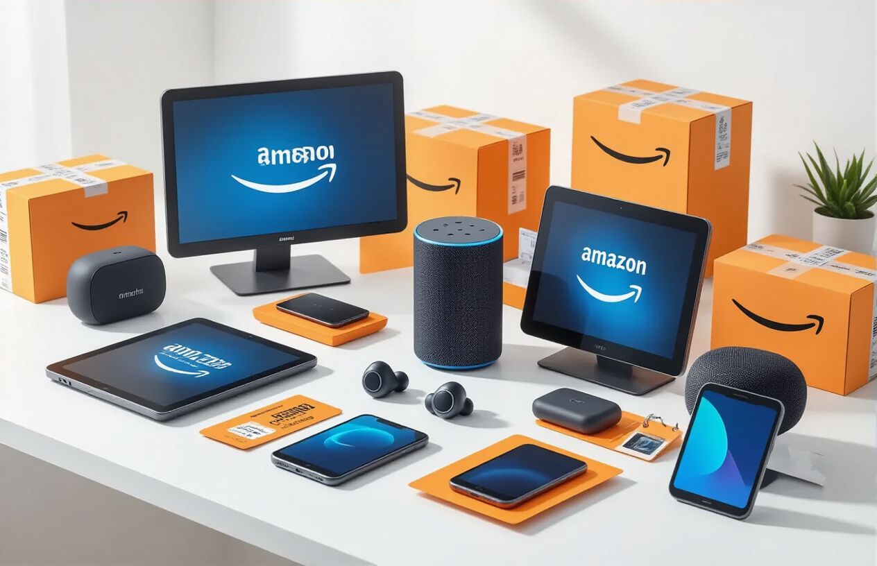 Create a realistic image of a modern desk setup featuring multiple Amazon tech gadgets like wireless earbuds, smart speakers, tablets, and smartphone accessories neatly arranged in bundles with Amazon Prime shipping boxes nearby, orange and blue Amazon Prime branded elements visible, bright clean lighting, white background with subtle shadows, shopping discount tags attached to the gadget bundles, absolutely NO text should be in the scene.