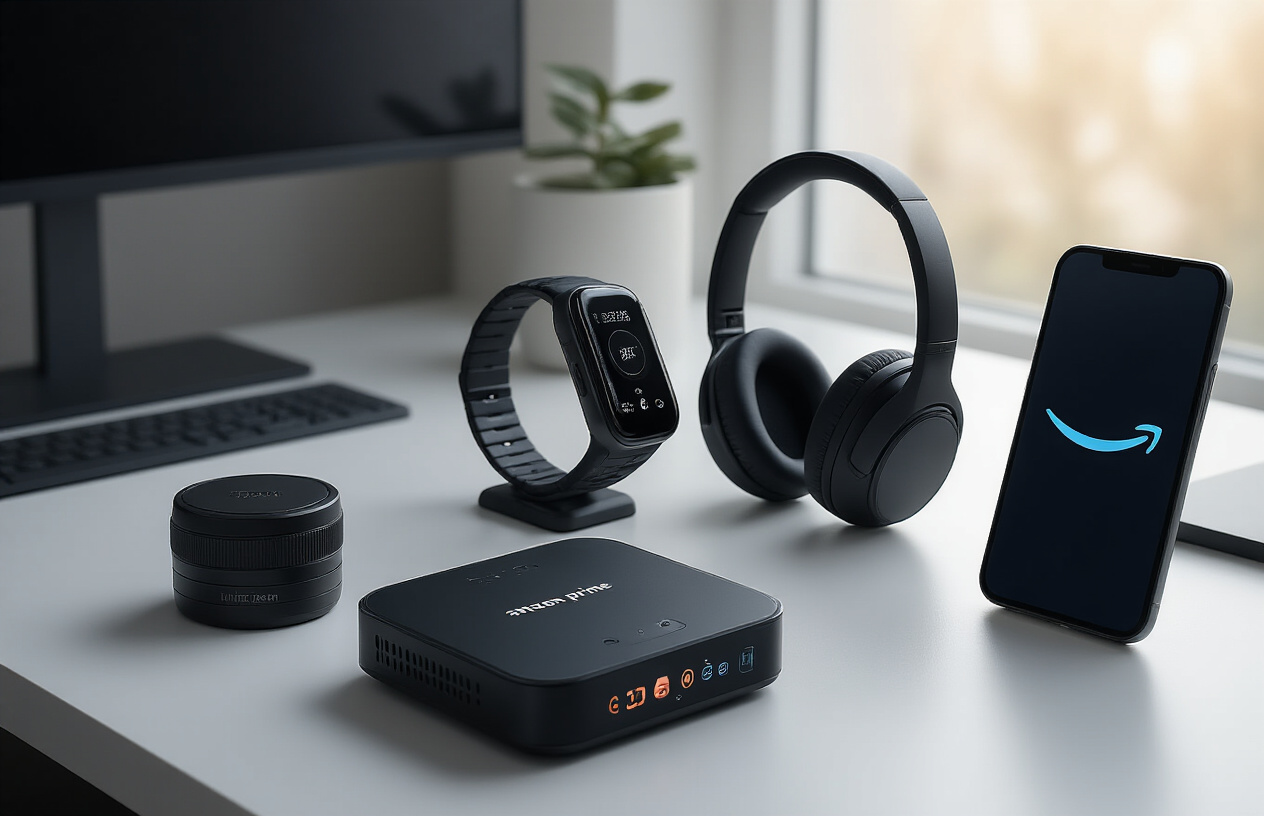 Create a realistic image of a modern minimalist desk setup showcasing the best 2025 Amazon Prime tech gadgets arranged in an organized display, featuring a sleek smart home hub with glowing LED indicators, advanced fitness smartwatch, high-end wireless gaming headphones, professional mirrorless camera with lens, and smartphone displaying the Amazon Prime logo, all positioned on a clean white desk surface with soft natural lighting from a nearby window creating gentle shadows, warm and inviting atmosphere suggesting tech enthusiasm and smart shopping choices, absolutely NO text should be in the scene.