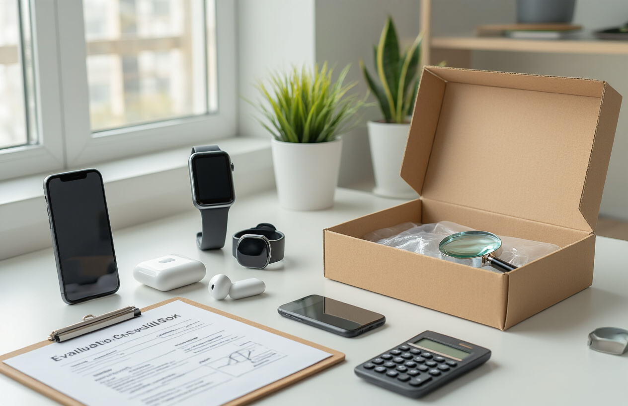 Create a realistic image of a clean, modern desk surface with various tech gadgets and devices arranged neatly including a smartphone, wireless earbuds, smartwatch, portable charger, and small electronic accessories, alongside an open cardboard subscription box with protective padding visible inside, a clipboard with evaluation checklist, a magnifying glass, and a calculator, set against a bright, professional office environment with natural lighting from a window, conveying a systematic review and assessment atmosphere, absolutely NO text should be in the scene.
