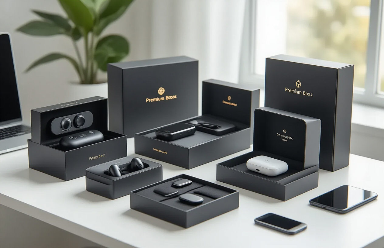 Create a realistic image of multiple premium tech subscription boxes elegantly arranged on a modern white desk surface, featuring sleek black and metallic packaging with some boxes partially opened to reveal high-end gadgets like wireless earbuds, smartwatches, phone accessories, and premium cables inside, with soft natural lighting from a nearby window creating gentle shadows, and a clean minimalist background with subtle tech workspace elements like a laptop edge and smartphone visible, conveying a sense of luxury and value, absolutely NO text should be in the scene.
