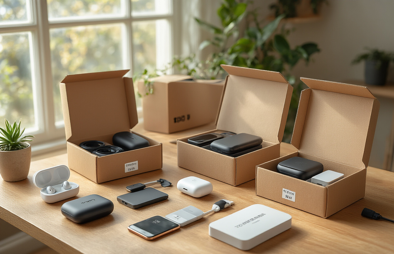 Create a realistic image of several affordable tech subscription boxes opened on a wooden desk surface, displaying quality gadgets like wireless earbuds, phone accessories, charging cables, and small electronic devices, with price tags showing budget-friendly amounts, warm natural lighting from a nearby window, creating an inviting and organized product showcase atmosphere, absolutely NO text should be in the scene.