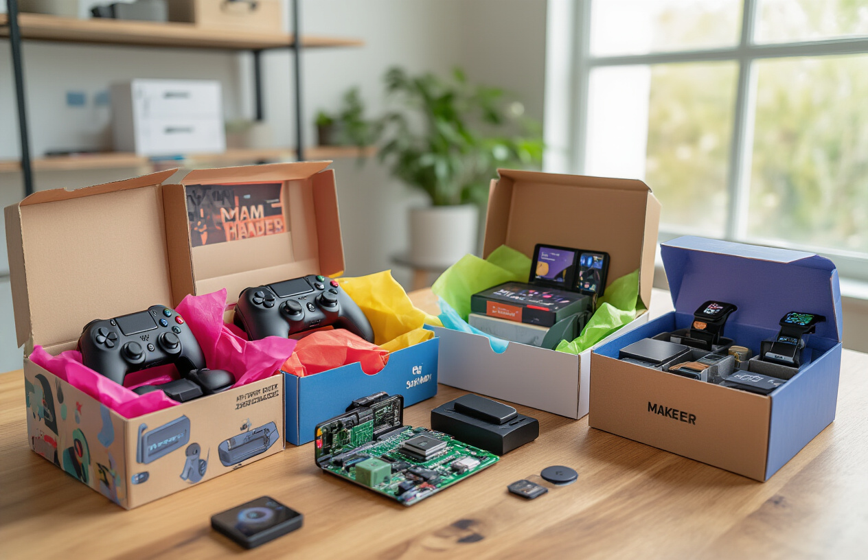 Create a realistic image of multiple opened subscription boxes arranged on a wooden desk surface, each containing different specialized tech products - one box filled with gaming accessories like controllers and headsets, another with smart home devices like sensors and mini hubs, a third with maker/DIY electronics including circuit boards and components, and a fourth with wearable tech items like fitness trackers and smartwatches, all boxes have colorful tissue paper and branded packaging materials, shot from a slightly elevated angle with soft natural lighting from a nearby window, modern home office setting in the blurred background, Absolutely NO text should be in the scene.