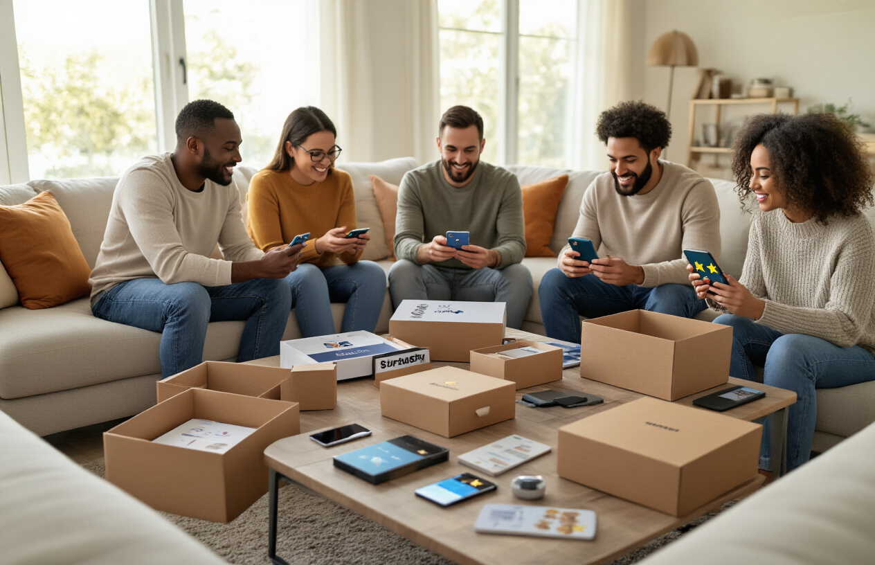 Create a realistic image of diverse people of different races and genders sitting around a modern living room coffee table covered with various opened tech subscription boxes, gadgets, and electronic devices, with some people holding smartphones displaying rating stars while others examine tech products with satisfied expressions, in a warm well-lit contemporary home setting with soft natural lighting from windows, creating a comfortable and authentic product review atmosphere, absolutely NO text should be in the scene.