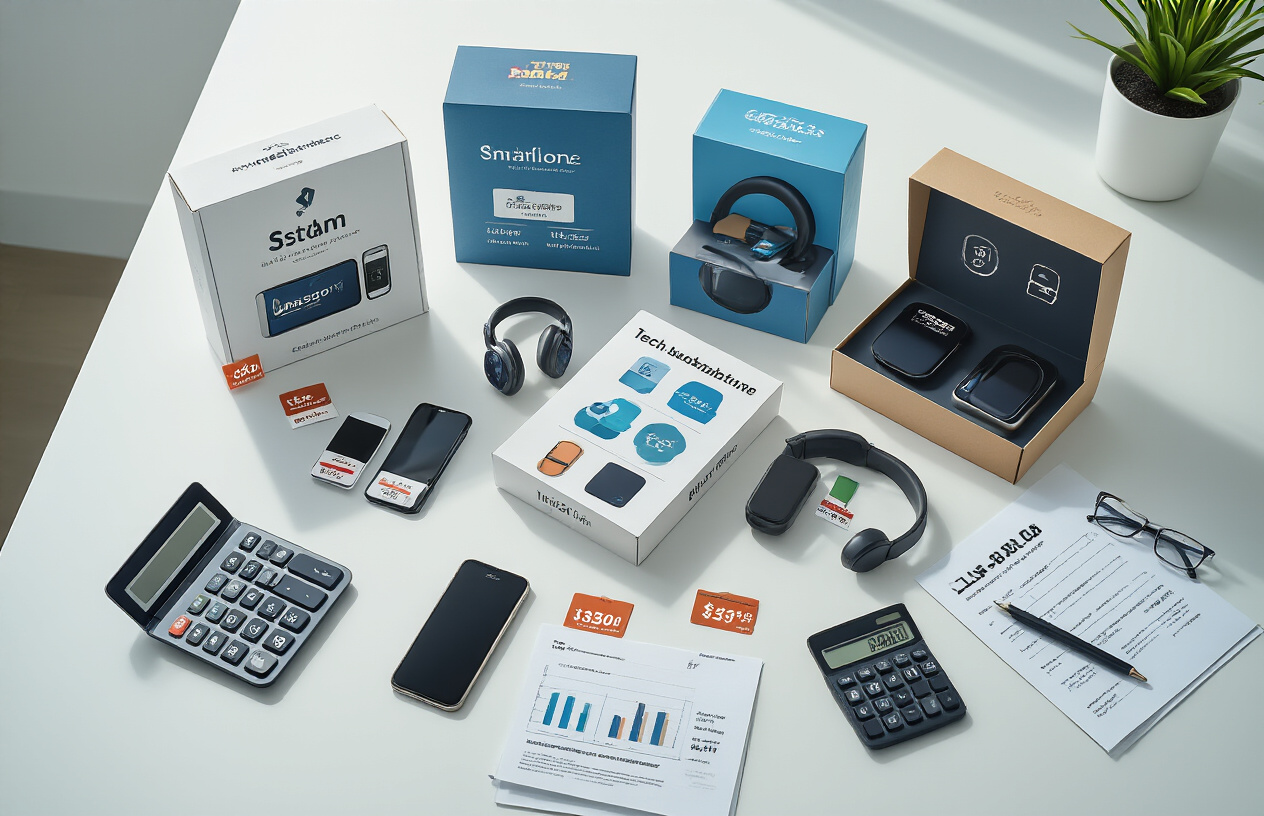 Create a realistic image of multiple tech subscription boxes arranged on a clean white desk surface with price tags and charts showing different subscription tiers, featuring boxes of varying sizes containing gadgets like smartphones, headphones, smartwatches, and tech accessories, with calculator and financial documents nearby, bright natural lighting from above, professional office environment background, organized comparison setup showing value analysis, absolutely NO text should be in the scene.
