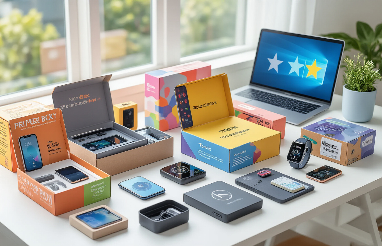 Create a realistic image of an organized desk surface from above showing multiple opened tech subscription boxes with various high-tech gadgets, electronics, and accessories neatly arranged around them, including smartphones, wireless earbuds, smart watches, charging cables, small electronic devices, and innovative tech accessories, with colorful subscription box packaging visible, complemented by a laptop computer showing comparison charts and rating stars on the screen, set against a clean modern workspace with good natural lighting from a window, creating a professional and conclusive atmosphere that conveys completion of a thorough tech subscription box evaluation process, absolutely NO text should be in the scene.