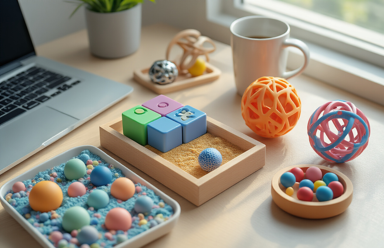 Create a realistic image of various interactive fidget gadgets arranged on a modern office desk, including a fidget cube, stress ball, magnetic sculpture toy, kinetic sand tray, and spinning desk toy, with soft natural lighting from a nearby window, clean workspace background with a laptop and coffee mug, calm and focused atmosphere suggesting productivity and concentration, absolutely NO text should be in the scene.