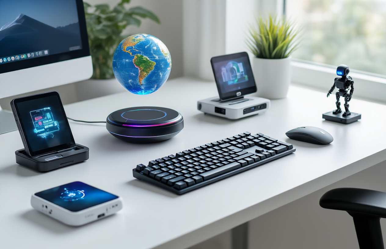 Create a realistic image of a modern office desk showcasing various high-tech gadgets and electronic desk toys including a levitating globe, mini holographic projector, LED-lit fidget cube, small robotic figure, digital photo frame, wireless charging pad with smartphone, and sleek mechanical keyboard, all arranged on a clean white desk surface with soft natural lighting from a nearby window, creating an organized and futuristic workspace atmosphere, absolutely NO text should be in the scene.