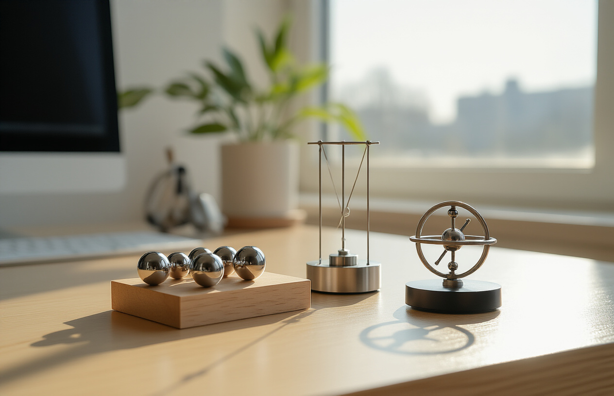 Create a realistic image of several miniature physics demonstration gadgets arranged on a modern office desk, including a small Newton's cradle with silver metal balls, a tiny magnetic levitation device, a desktop pendulum wave machine, and a mini gyroscope, all positioned on a clean wooden desk surface with soft natural lighting from a nearby window, creating gentle shadows and highlighting the metallic and mechanical details of these compact scientific toys. Absolutely NO text should be in the scene.
