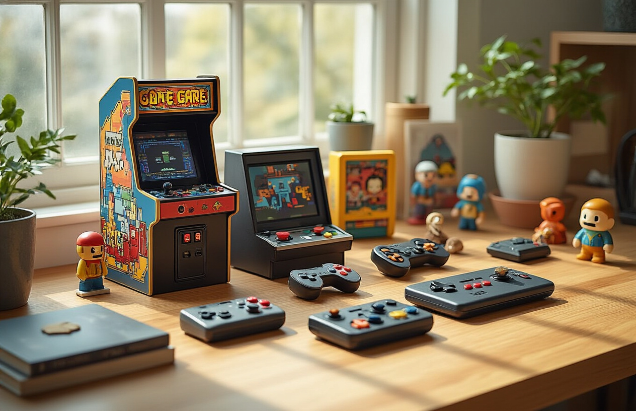 Create a realistic image of a modern office desk surface featuring several retro gaming gadgets and nostalgic desk toys including a miniature arcade cabinet, a classic handheld electronic game, vintage-style pixel art figurines, and small retro gaming controllers, all arranged aesthetically on a clean wooden desk with soft natural lighting from a nearby window, creating a warm and inviting atmosphere that blends modern workspace with nostalgic gaming elements, shot from a slightly elevated angle to showcase the collection, absolutely NO text should be in the scene.
