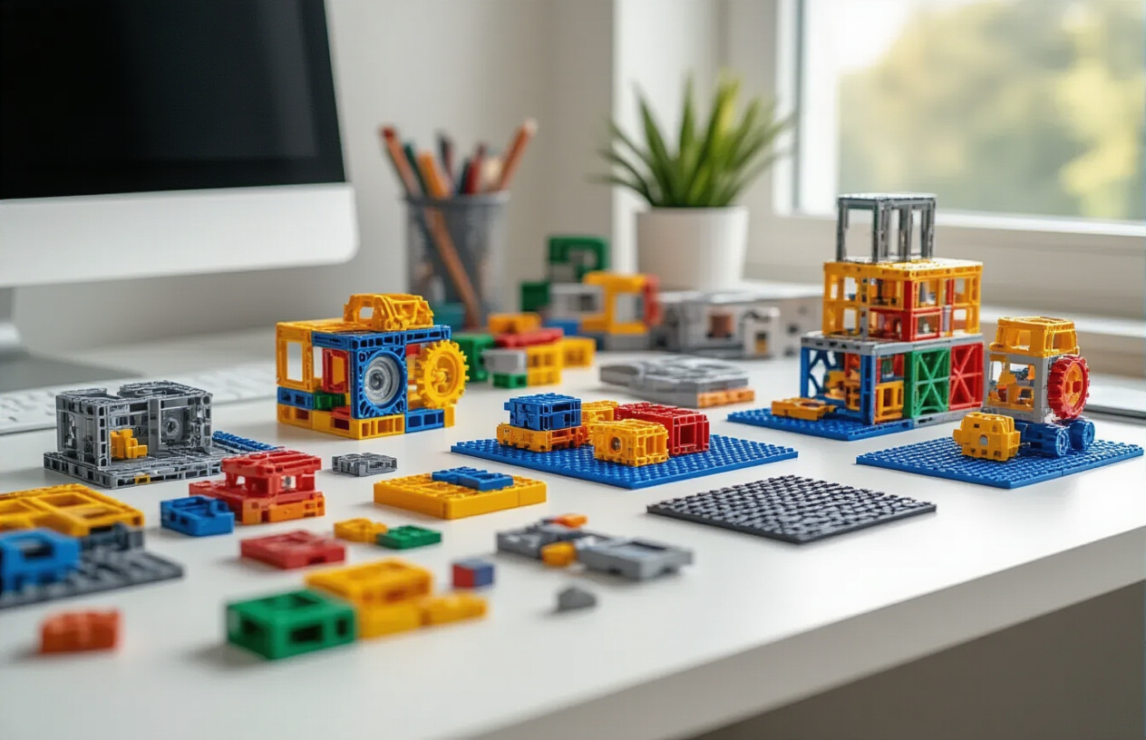 Create a realistic image of a modern office desk surface featuring various creative building and construction toy sets including colorful magnetic building blocks, interlocking gear sets, mini architectural models, and small modular construction pieces scattered and partially assembled, with some sets showing intricate geometric patterns and mechanical structures, set against a clean white desk background with soft natural lighting from a nearby window, creating an organized yet playful workspace atmosphere that showcases these desktop construction toys as both functional stress-relief tools and creative outlets, absolutely NO text should be in the scene.