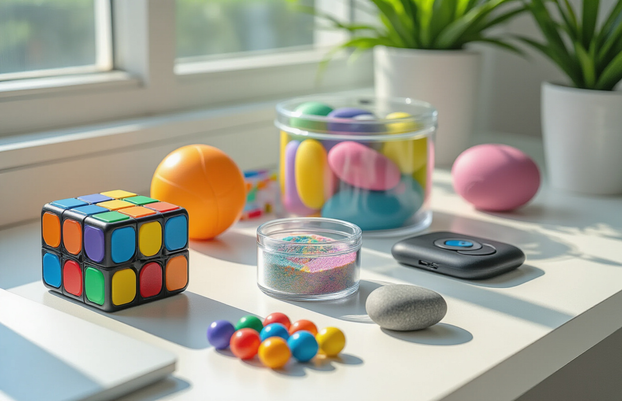 Create a realistic image of a modern office desk surface featuring various sensory stimulation gadgets including a colorful fidget cube, stress ball, kinetic sand in a small clear container, fidget spinner, textured worry stone, and magnetic thinking putty, all arranged neatly on a clean white desk with soft natural lighting from a nearby window, creating a calm and focused workspace atmosphere, absolutely NO text should be in the scene.