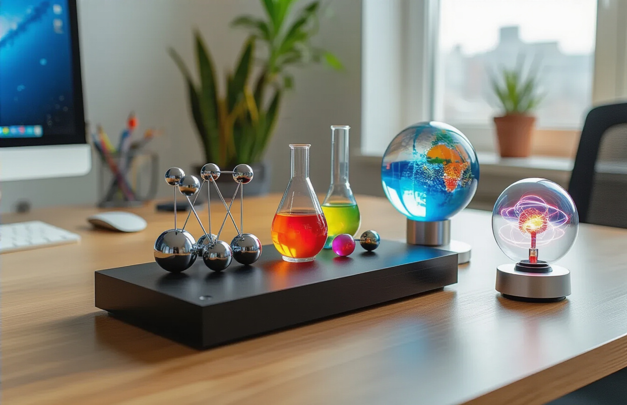 Create a realistic image of a modern office desk with several small science experiment gadgets arranged as desk toys, including a Newton's cradle with metal balls, a small lava lamp with colorful bubbling liquid, a magnetic levitation globe floating above its base, a mini plasma ball with electric arcs, and a desktop tornado maker with swirling mist, all positioned on a clean wooden desk surface with soft natural lighting from a nearby window, professional office environment in the background, absolutely NO text should be in the scene.