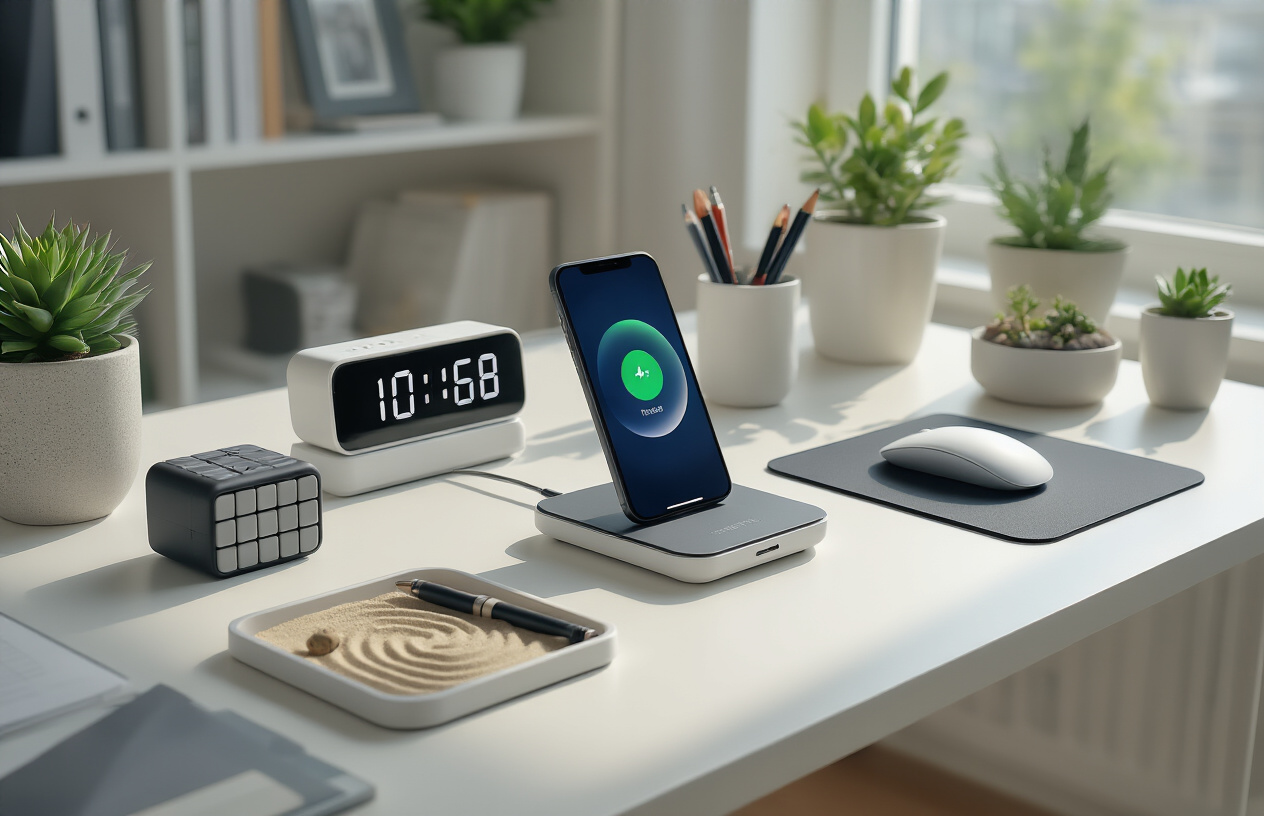 Create a realistic image of a modern office desk from a slightly elevated angle showing various productivity gadgets arranged neatly across the workspace, including a sleek wireless charging pad with a smartphone, a small digital clock with LED display, a fidget cube, a desktop organizer with pens, a mini zen garden with sand patterns, a small potted succulent plant, and a ergonomic mouse pad, all positioned on a clean white desk surface with soft natural lighting coming from a nearby window, creating gentle shadows and a productive, organized atmosphere, with a blurred office background showing bookshelves and additional workspace elements, absolutely NO text should be in the scene.