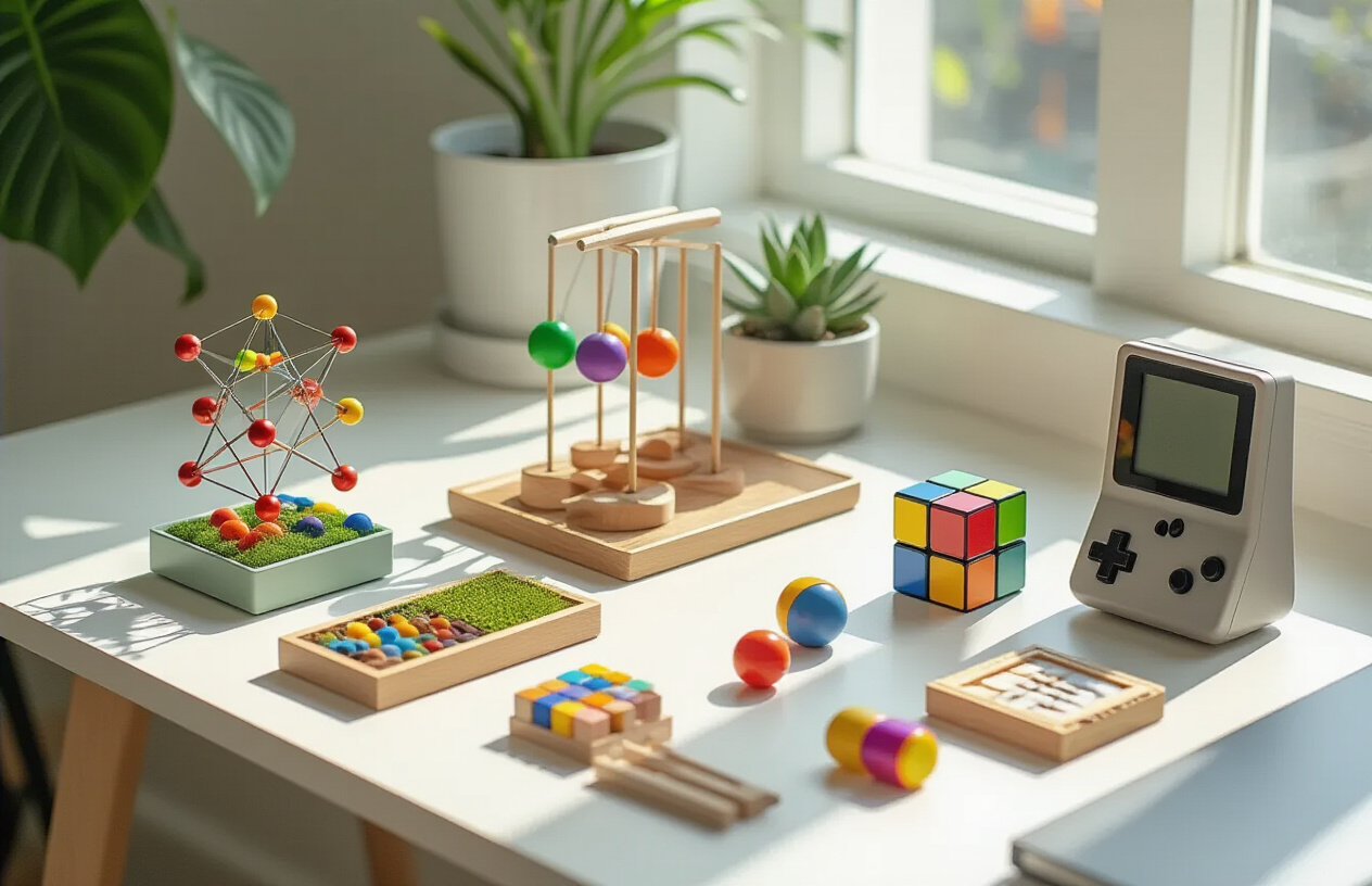 Create a realistic image of a modern organized desk workspace featuring a curated collection of various desk toys and gadgets including a Newton's cradle, colorful fidget spinner, small Rubik's cube, miniature zen garden with wooden rake, tiny building blocks, stress ball, desktop magnetic sculpture, and a retro handheld gaming device, all neatly arranged on a clean white or light wood desk surface with soft natural lighting from a window, creating an inviting and productive atmosphere that showcases the perfect balance between work and play, shot from a slightly elevated angle to display all items clearly, absolutely NO text should be in the scene.