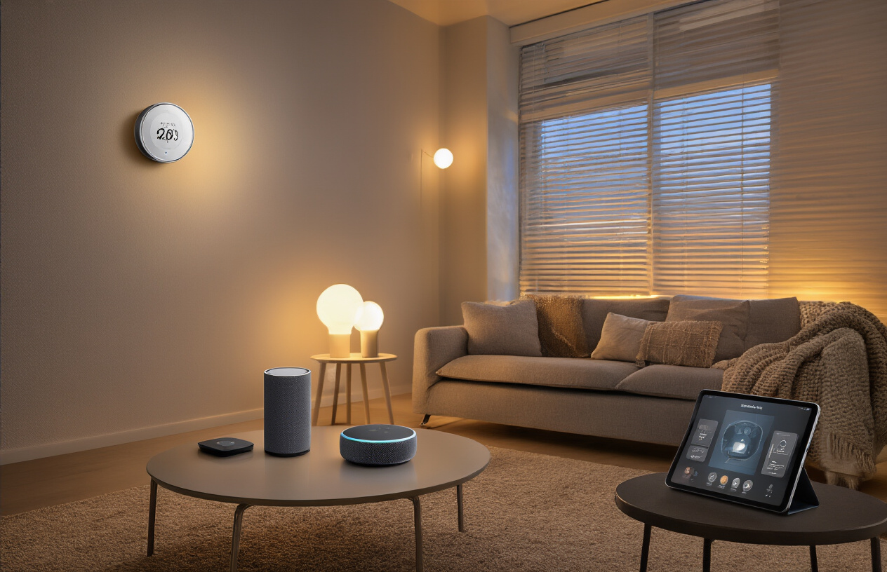 Create a realistic image of a modern living room showcasing multiple smart home automation devices including a smart thermostat on the wall, smart light bulbs glowing softly, a smart speaker on a side table, automated window blinds, and a tablet displaying a home control interface resting on a coffee table, with warm ambient lighting creating a cozy atmosphere that emphasizes convenience and energy efficiency, absolutely NO text should be in the scene.