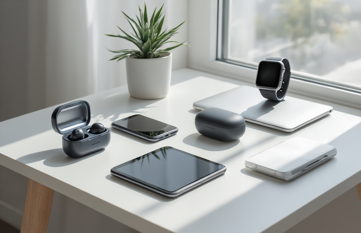 Create a realistic image of modern communication and connectivity devices arranged on a clean white desk surface, featuring a smartphone, wireless earbuds in their charging case, a smartwatch, a tablet, and a laptop computer, with soft natural lighting from a nearby window creating gentle shadows, creating a contemporary tech workspace atmosphere, absolutely NO text should be in the scene.
