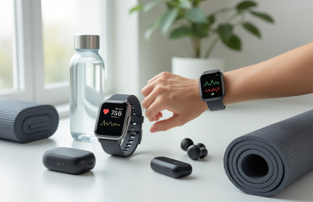 Create a realistic image of a modern fitness setup featuring essential health technology gadgets including a smartwatch displaying heart rate data on someone's wrist, wireless earbuds, a fitness tracker, a smart water bottle, and a yoga mat, arranged on a clean white surface with soft natural lighting from a window, creating a motivational and organized wellness atmosphere, absolutely NO text should be in the scene.
