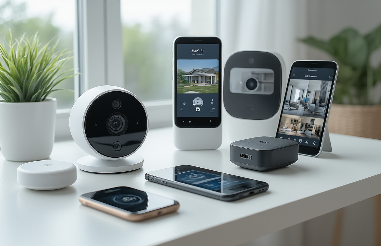 Create a realistic image of modern security and safety tech gadgets arranged on a clean white desk surface including a smart doorbell with camera, wireless security camera, smartphone displaying a home security app interface, smart smoke detector, personal safety alarm device, and a tablet showing surveillance footage, with soft natural lighting from a window creating gentle shadows, conveying a sense of protection and technological advancement for home safety, absolutely NO text should be in the scene.
