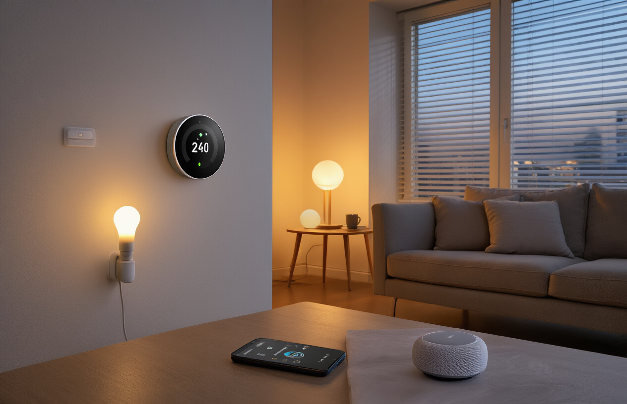 Create a realistic image of a modern living room showcasing multiple smart home automation devices including a smart thermostat on the wall, smart light bulbs glowing softly, a smart speaker on a side table, automated window blinds, and a smartphone displaying a home control app lying on a coffee table, with warm ambient lighting creating a cozy evening atmosphere, shot from a wide angle to capture the seamless integration of technology into daily home life, absolutely NO text should be in the scene.