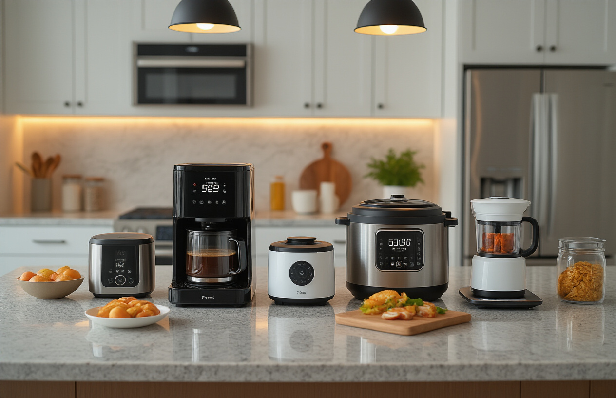 Create a realistic image of a modern kitchen countertop showcasing multiple smart kitchen gadgets including a sleek smart coffee maker, digital air fryer, smart instant pot, voice-controlled smart display, robotic food processor, and smart scale, all arranged on elegant granite countertops with warm ambient lighting from pendant lights above, featuring a clean contemporary kitchen background with white cabinets and stainless steel appliances, conveying efficiency and technological innovation in cooking, absolutely NO text should be in the scene.