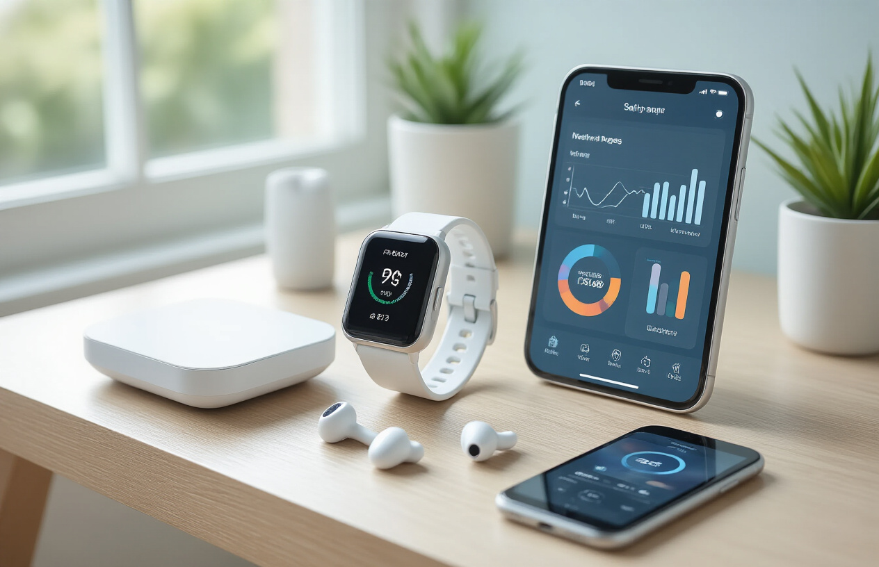 Create a realistic image of a modern white oak desk surface displaying various health and fitness smart gadgets including a sleek fitness tracker watch with heart rate display, a digital smart scale, a wireless blood pressure monitor, a smartphone showing a health app dashboard with colorful charts, and wireless earbuds, all arranged neatly with soft natural lighting from a nearby window creating gentle shadows, clean minimalist background with subtle blue and white color scheme suggesting wellness and technology, absolutely NO text should be in the scene.