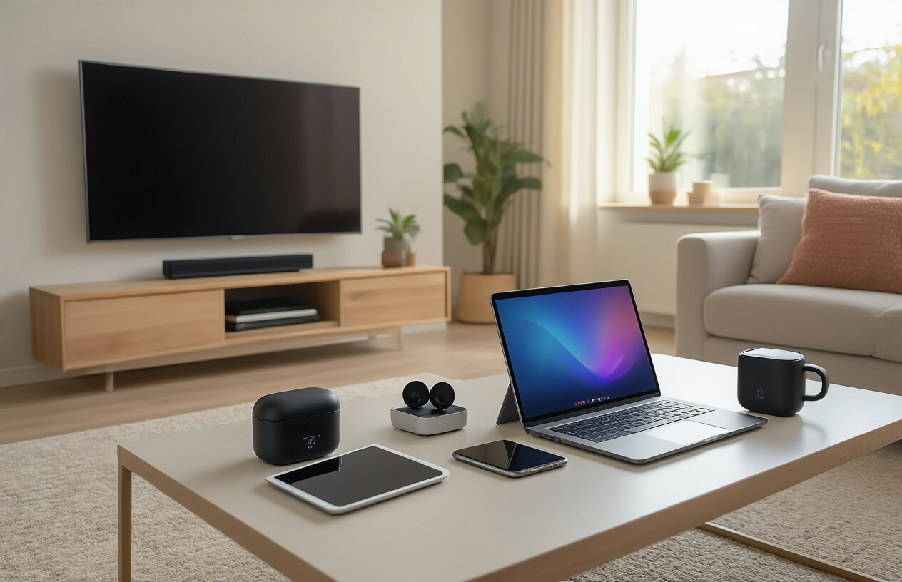 Create a realistic image of a modern living room setup showcasing various smart entertainment and productivity gadgets including a sleek smart TV mounted on the wall, a tablet propped on a coffee table, wireless earbuds in their charging case, a smart speaker on a side table, a laptop computer open on a desk, and a smartphone with wireless charging pad, all arranged in a clean contemporary home environment with warm natural lighting from a window, soft neutral colors, and minimalist furniture, creating an inviting atmosphere that demonstrates how technology seamlessly integrates into daily life, absolutely NO text should be in the scene.