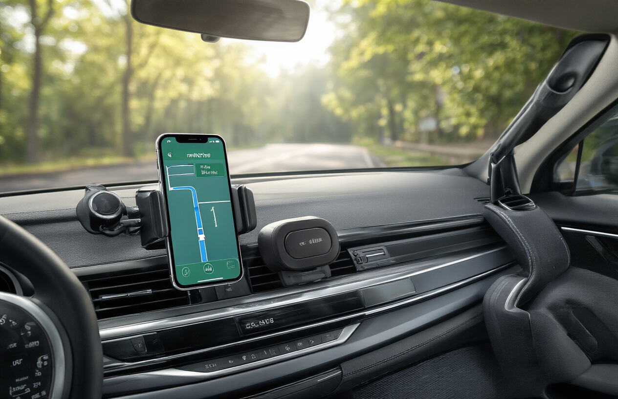 Create a realistic image of a modern car dashboard featuring a mounted smartphone displaying GPS navigation with route directions, a sleek wireless phone charger pad with a device charging, and a Bluetooth hands-free device attached to the sun visor, all set against a clean black dashboard interior with natural daylight coming through the windshield, creating a bright and organized atmosphere that emphasizes convenience and technological efficiency, absolutely NO text should be in the scene.