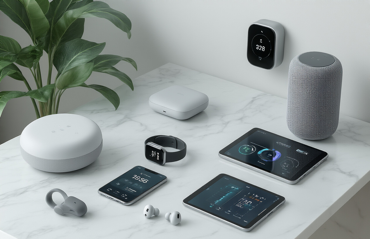 Create a realistic image of a modern living space showcasing multiple smart gadgets including a smart thermostat on the wall, a smartphone displaying a home automation app, wireless earbuds on a sleek table, a smartwatch, a tablet showing health monitoring data, and a smart speaker, all arranged in an organized flat lay composition on a clean white marble surface with soft natural lighting from above, creating a sophisticated and tech-forward atmosphere that represents the convenience of modern smart technology, absolutely NO text should be in the scene.