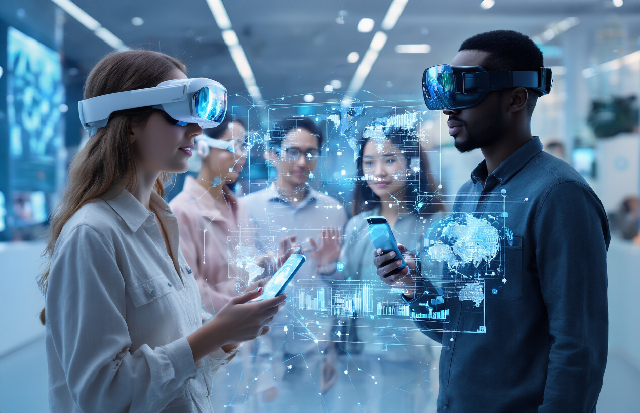 Create a realistic image of a diverse group of people from different continents connected through holographic video calls and advanced communication devices, featuring a white female using augmented reality glasses, a black male interacting with a floating holographic interface, and an Asian female using a sleek futuristic smartphone, with digital connection lines and data streams flowing between them across a modern tech environment with soft blue ambient lighting, satellite imagery and global network visualization elements in the background, conveying innovation and global connectivity, absolutely NO text should be in the scene.