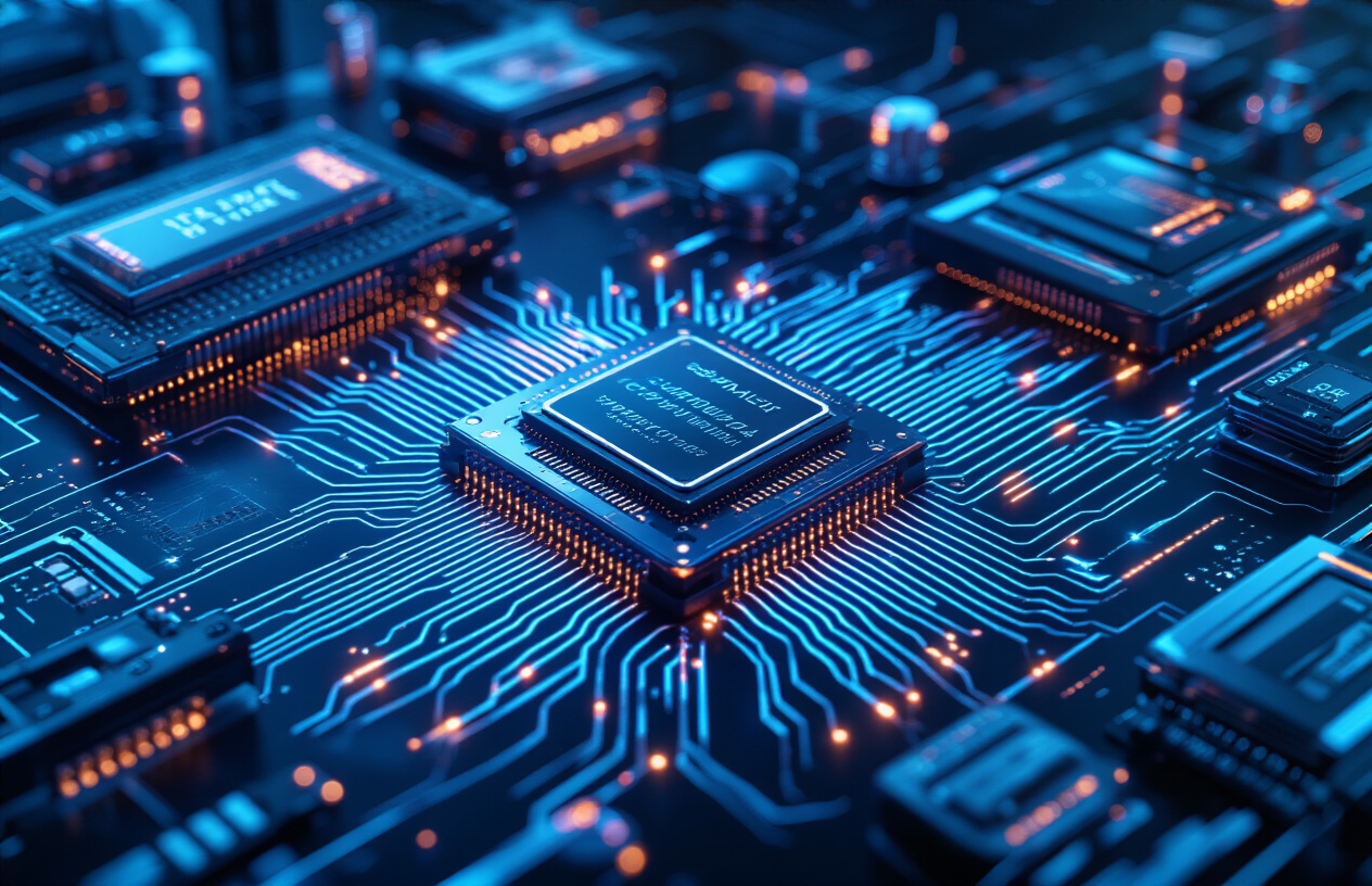 Create a realistic image of advanced computer processors and microchips with glowing circuitry patterns, high-performance graphics cards with LED lighting, quantum computing components with crystalline structures, and sleek modern computing hardware arranged on a clean tech workspace surface, featuring chrome and blue metallic finishes, dramatic studio lighting with blue and white accents creating a futuristic atmosphere, shallow depth of field focusing on the intricate details of the computing components, absolutely NO text should be in the scene.