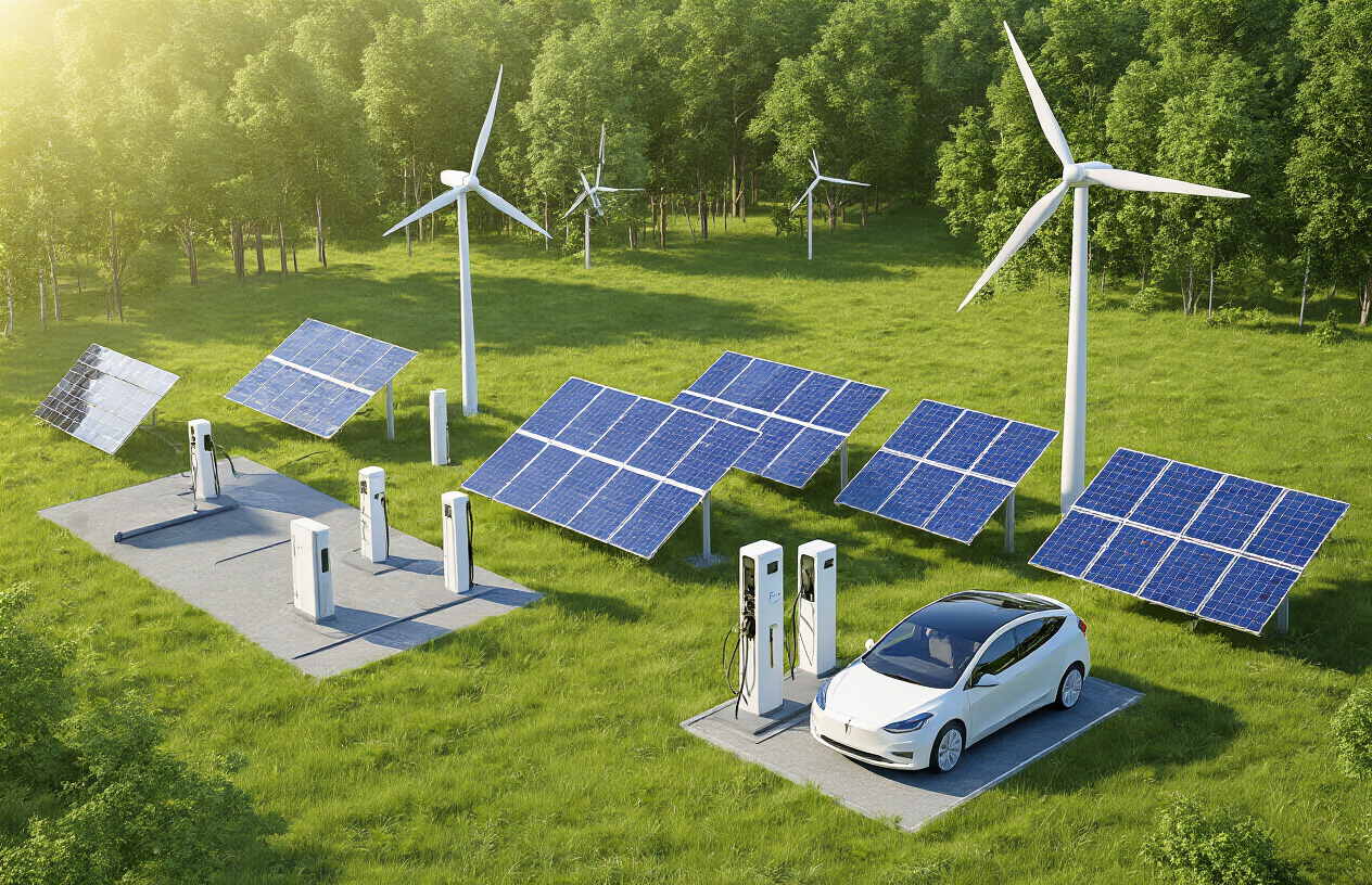 Create a realistic image of modern sustainable technology equipment including solar panels, wind turbines, and electric vehicle charging stations arranged in a clean, green environment with lush grass and trees in the background, bright natural daylight illuminating the scene, showcasing innovation and environmental harmony with a hopeful and progressive mood. Absolutely NO text should be in the scene.