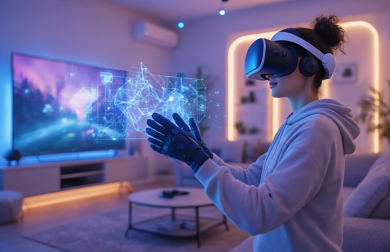 Create a realistic image of a person wearing a sleek VR headset and haptic gloves in a modern living room, with their body positioned as if they're interacting with virtual objects, surrounded by subtle holographic projections and light effects emanating from advanced gaming equipment, featuring a contemporary entertainment setup with curved monitors, ambient LED lighting casting blue and purple hues, creating an immersive and futuristic atmosphere that showcases cutting-edge digital entertainment technology, absolutely NO text should be in the scene.