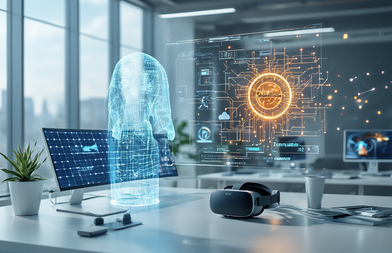 Create a realistic image of a modern workspace showing multiple cutting-edge technologies converging together, featuring a sleek holographic AI assistant projection, sustainable solar panels visible through large windows, advanced quantum computing hardware with glowing circuits, immersive VR headsets on a clean desk, and high-speed fiber optic cables with light streams, all bathed in bright natural lighting with a futuristic yet approachable atmosphere, shot from a slightly elevated angle to capture the interconnected nature of these innovations, with a clean minimalist background emphasizing the technology elements, absolutely NO text should be in the scene.