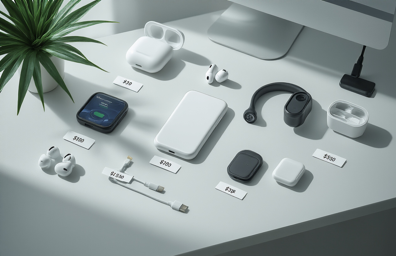 Create a realistic image of a clean white desktop surface displaying various smartphone accessories including wireless earbuds, a phone case, a portable charger, a car phone mount, and a charging cable, all arranged in an organized flat lay style with soft natural lighting from above, showcasing affordable tech accessories in a modern minimalist setting, with price tags showing amounts under $50 visible on each item, absolutely NO text should be in the scene.