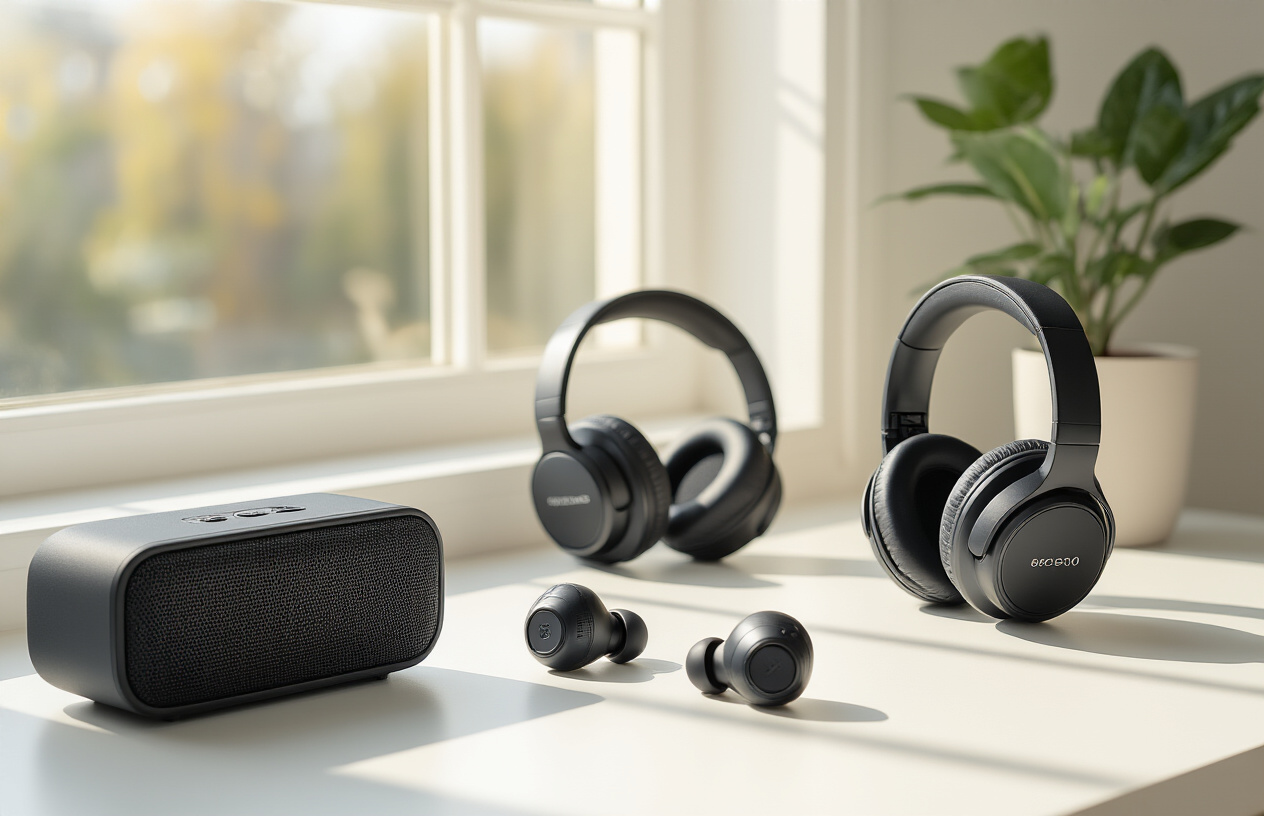 Create a realistic image of high-quality budget audio equipment including wireless earbuds, over-ear headphones, and a portable Bluetooth speaker arranged on a clean white desk surface, with warm natural lighting from a window creating soft shadows, showcasing the sleek modern design and premium build quality of affordable audio gear, absolutely NO text should be in the scene.