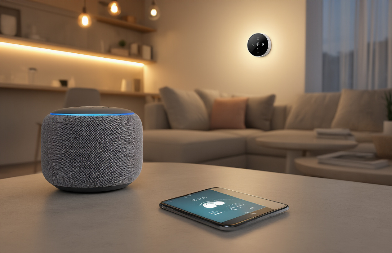 Create a realistic image of a modern living room showcasing various budget-friendly smart home devices including a smart speaker on a side table, smart light bulbs illuminating the room with warm white light, a smart thermostat mounted on the wall, a smart security camera positioned on a shelf, and a smartphone displaying a home automation app lying on a coffee table, with a sleek contemporary interior featuring neutral colors, comfortable furniture, and clean minimalist design elements in soft natural lighting from a window, creating a tech-savvy and accessible home environment. Absolutely NO text should be in the scene.