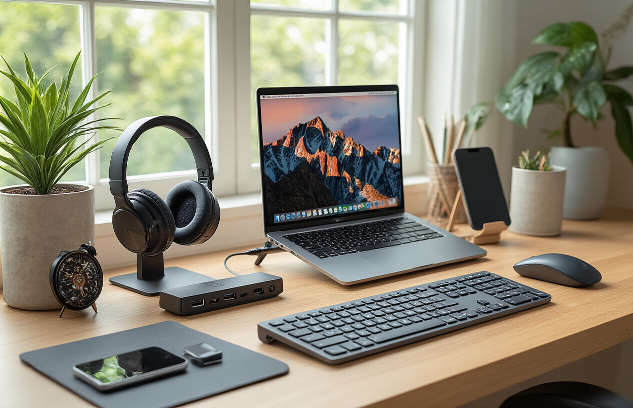 Create a realistic image of a well-organized desk setup featuring essential computer and productivity accessories including a wireless keyboard, ergonomic mouse, laptop stand, USB hub, wireless headphones, phone stand, and cable organizer, all arranged neatly on a clean wooden desk surface with soft natural lighting from a nearby window, showcasing these budget-friendly tech accessories in an appealing and functional workspace arrangement, absolutely NO text should be in the scene.