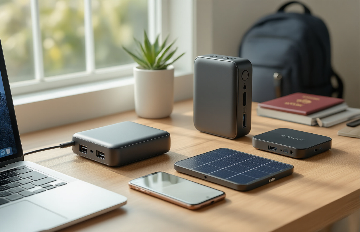 Create a realistic image of a modern workspace setup featuring essential portable power solutions including a sleek power bank, portable solar panel, wireless charging pad, and compact USB-C hub arranged on a wooden desk, with a laptop, smartphone, and wireless earbuds nearby, soft natural lighting from a window, clean minimalist background with travel elements like a backpack and passport subtly visible, warm and productive atmosphere, absolutely NO text should be in the scene.